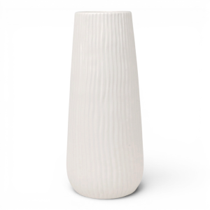 Short Zahra white ceramic vase with flowing vertical ribs, a tapered body and softly rounded base